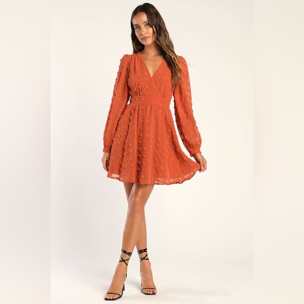 Lulus Always on Repeat Rust Orange Clip Dot Long Sleeve Mini Dress XL NWT - Picture 2 of 9